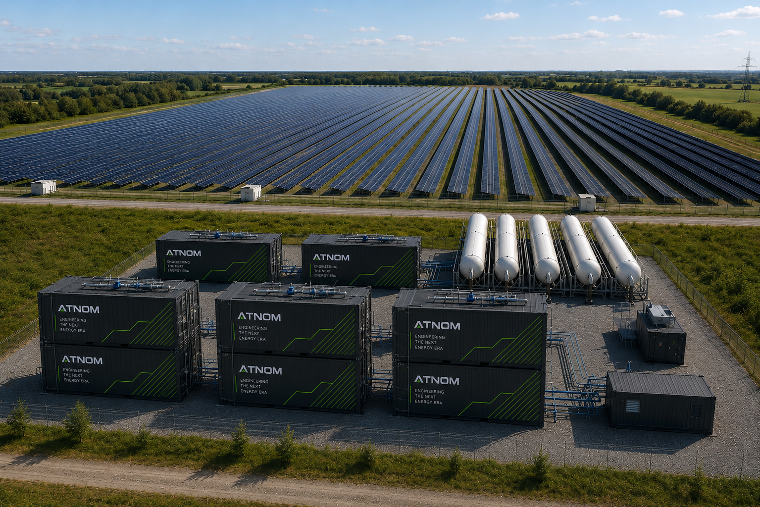ATNOM integrated renewable energy site with solar field, green hydrogen plant and battery storage